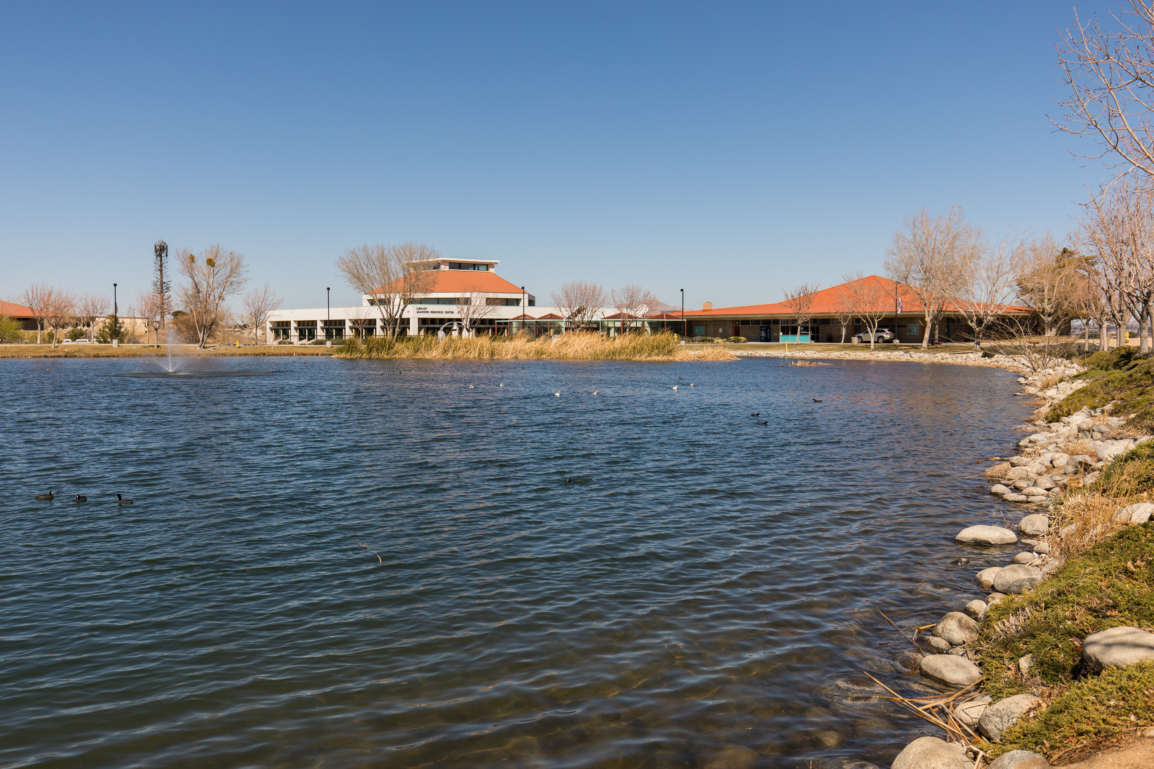 VVC campus lake with building in the background.