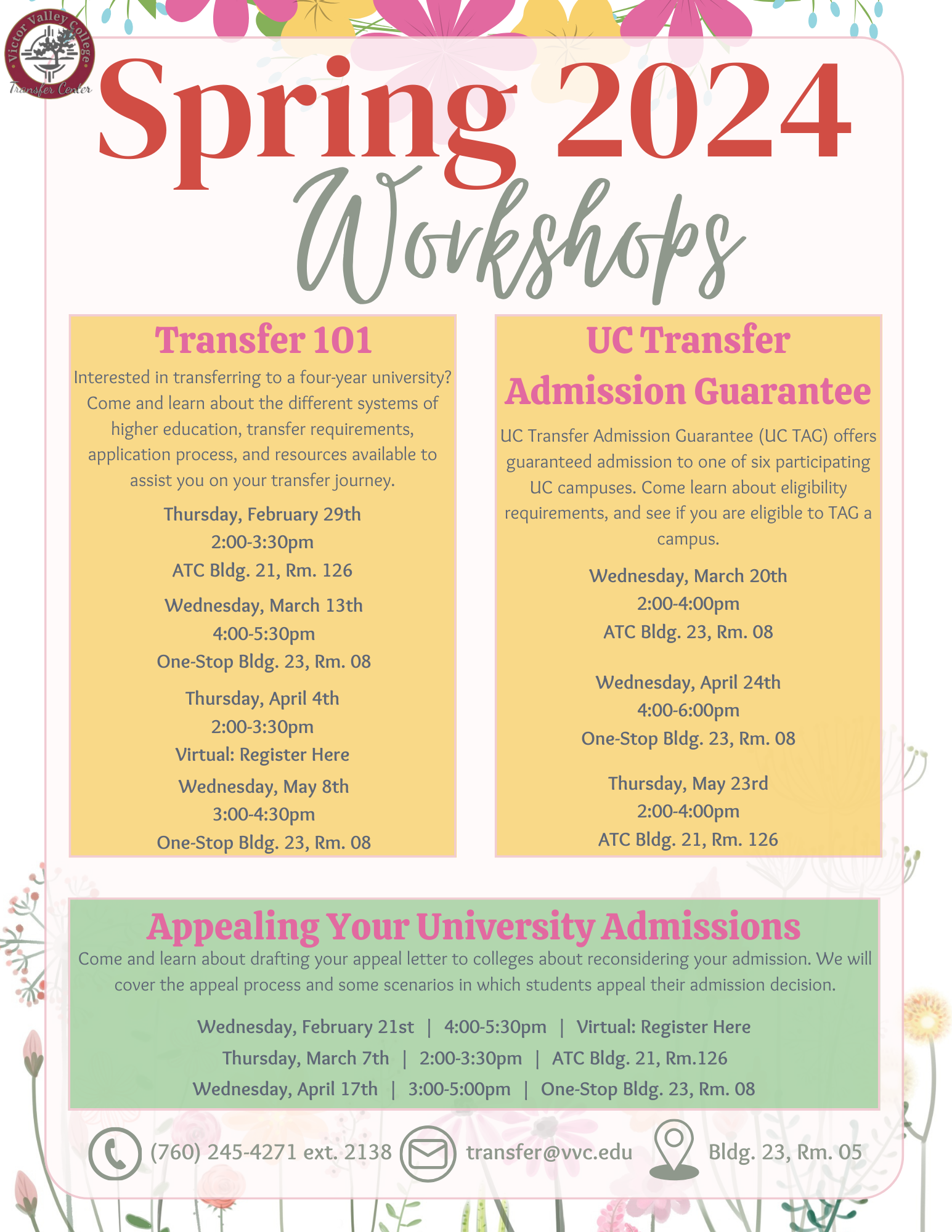 This image displays the flyer for Victor Valley College's Transfer Center workshops for the Spring 2024 term.