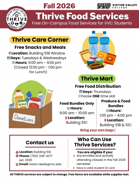 Flyer describing the services that the Thrive Care Corner provides, including free snacks and grocery distribution
