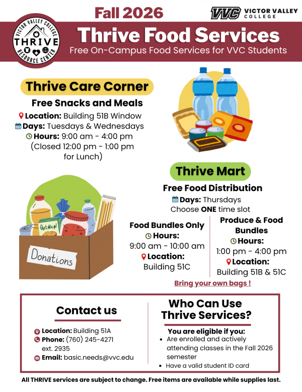 Flyer describing the services that the Thrive Care Corner provides, including free snacks and grocery distribution
