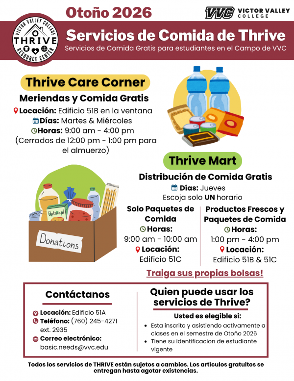 Spanish version of the Thrive Care Corner flyer that lists food services including free snacks and grocery distribution